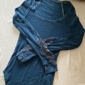 Free People Blue Crochet-Sleeve Thermal, Size S